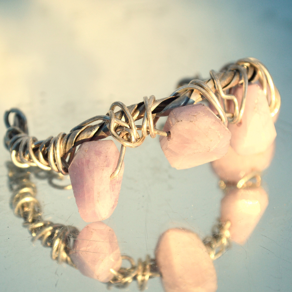 Pink Kunzite Wire Wrapped Sterling Silver Bracelet - Picture 4 of 7
